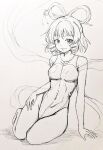  1girl arm_support bangs bare_legs barefoot breasts closed_mouth commentary_request covered_navel d-m_(dii_emu) greyscale hair_ornament hair_rings hair_stick hand_on_own_thigh happy kaku_seiga kneeling looking_at_viewer medium_breasts medium_hair monochrome shawl smile touhou traditional_media 