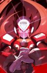 1boy android closed_mouth commentary energy_sword english_text facing_viewer frown glowing helmet hilt holding male_focus mega_man_(series) mega_man_x_(series) red_armor robot serious solo sword tanaka_(is2_p) upper_body weapon zero_(mega_man) 