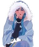  1boy blue_hair bracelet capelet cigarette cu_chulainn_(caster)_(fate) cu_chulainn_(fate) earrings fate/grand_order fate_(series) fur-trimmed_hood fur_trim highres holding holding_cigarette hood hood_up hooded_capelet jewelry licking_lips long_hair looking_at_viewer male_focus open_mouth red_eyes simple_background single_vambrace smoking solo tongue tongue_out vambraces wagaya43 