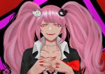  1girl :d @_@ alternate_hair_color bangs bear_hair_ornament collarbone danganronpa:_trigger_happy_havoc danganronpa_(series) enoshima_junko fangs hair_ornament highres interlocked_fingers long_hair looking_at_viewer nail_polish own_hands_together pink_background pink_hair red_background red_eyes red_nails romisope shiny shiny_hair smile solo tongue twintails 
