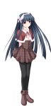  1girl alpha_(yukai_na_nakamatachi) arms_behind_back bangs black_hair black_legwear blunt_bangs bow bow_hairband brown_footwear brown_skirt capelet eyebrows_visible_through_hair floating_hair full_body fur-trimmed_capelet fur_trim game_cg hair_bow hairband hayakawa_yuriko highres long_hair miniskirt pantyhose plaid plaid_skirt red_capelet red_ribbon ribbon shiny shiny_hair skirt solo standing sweater tachi-e transparent_background turtleneck turtleneck_sweater underbust very_long_hair violet_eyes w.l.o_sekai_ren&#039;ai_kikou white_bow white_hairband white_sweater 