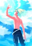  1boy androgynous black_pants clouds day earrings green_hair hand_up jewelry lio_fotia looking_up male_focus outdoors pants promare short_hair single_earring sky solo topless_male twitter_username yon_prmr 