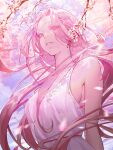  1girl absurdres branch breasts cherry_blossoms dress eyes_visible_through_hair highres long_hair looking_at_viewer looking_down medium_breasts nea_(nongta2002) original parted_lips petals pink_eyes pink_hair pink_theme see-through see-through_silhouette solo upper_body 