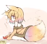  1girl animal_ears bare_shoulders barefoot blonde_hair brown_dress dress fox_ears fox_girl fox_tail from_behind large_tail looking_back off_shoulder original pink_eyes short_dress short_hair sitting sleeves_past_wrists solo sunapua tail 
