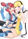  2girls ;d arm_around_waist bangs blonde_hair blue_eyes blue_footwear blue_gloves blue_jacket blue_shorts blunt_bangs boots cable cropped_jacket elesa_(pokemon) gloves hair_ornament hand_up headphones highres jacket looking_at_viewer midriff multiple_girls navel one_eye_closed one_side_up open_mouth pokemon pokemon_(game) pokemon_bw redhead ririmon short_hair short_hair_with_long_locks short_shorts shorts sidelocks sitting skyla_(pokemon) smile symbol-only_commentary teeth thigh_pouch tongue turtleneck upper_teeth v white_background 