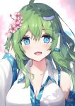  1girl ahoge bangs blue_eyes blush breasts cherry_blossoms collarbone collared_shirt commentary detached_sleeves eyebrows_visible_through_hair flower frog_hair_ornament green_hair hair_between_eyes hair_flower hair_ornament hair_tubes hand_up highres kochiya_sanae large_breasts liya long_hair looking_at_viewer open_mouth pink_flower shiny shiny_hair shirt sleeveless sleeveless_shirt solo touhou upper_body wide_sleeves 