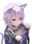  1girl animal_ear_fluff animal_ears bangs cat_ears cat_tail choker collarbone commentary_request crossed_bangs cutting_hair from_above hololive hood hoodie nekomata_okayu pi_tayuko purple_hair scissors sidelocks simple_background solo tail upper_body violet_eyes virtual_youtuber white_background 