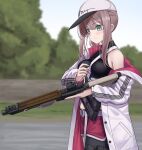 1girl aqua_eyes ar-57 ar-57_(girls&#039;_frontline) assault_rifle bangs black_tank_top blush breasts closed_mouth commission crop_top eye_piercing eyebrows_visible_through_hair girls_frontline gun highres holding holding_gun holding_weapon jacket jacket_over_shoulder jacket_removed long_hair looking_down medium_breasts open_clothes open_jacket pink_hair pink_shorts rifle scenery shorts sideboob skeb_commission solo standing tank_top weapon white_headwear white_jacket yakob_labo 