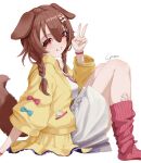  1girl absurdres animal_ears bangs braid brown_hair dog_ears dog_girl dog_tail dress from_side grin hair_between_eyes hand_up highres hololive inugami_korone jacket kneehighs listener_(inugami_korone) long_hair long_sleeves looking_at_viewer looking_to_the_side no_shoes open_clothes open_jacket red_eyes red_legwear signature sitting smile solo tail twin_braids v virtual_youtuber white_dress yellow_jacket yo_na 
