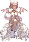  1girl absurdres ahoge bare_legs bare_shoulders bloom breasts brown_wings collar detached_sleeves diffraction_spikes dragon_girl dragon_horns dragon_tail dragon_wings dress full_body gold granblue_fantasy grea_(shingeki_no_bahamut) highres horns innoarukugyou jewelry large_breasts looking_at_viewer pointy_ears purple_hair red_eyes sandals shingeki_no_bahamut short_hair showgirl_skirt sideboob sideless_outfit simple_background sitting solo sparkle tail toes white_background wings 
