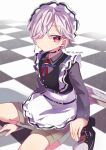  1boy absurdres apron checkered_background choker crossdressing dress grey_hair highres looking_to_the_side maid maid_apron maid_headdress male_focus naka original otoko_no_ko piercing red_eyes short_hair silver_hair white_background white_hair 