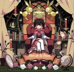  1girl armchair black_hair book bookshelf bow brown_eyes brown_hair candle cape chair crown cup dress floating floating_object flower flower_pot french_text globe hair_bow hair_tubes hakurei_reimu highres koto_seori nail_polish_bottle plant poker red_bow red_cape red_dress red_eyes rose short_hair sidelocks solo teacup thigh-highs touhou white_legwear white_sleeves 