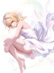  1girl absurdres bangs bare_shoulders barefoot blonde_hair breasts dress fetal_position flower genshin_impact hair_flower hair_ornament highres hugging_own_legs kurau476 lumine_(genshin_impact) short_hair short_hair_with_long_locks simple_background white_dress yellow_eyes 