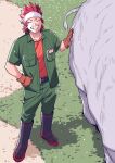  1boy 310_mha ^_^ belt boku_no_hero_academia boots breast_pocket clenched_hand closed_eyes contrapposto facing_viewer from_above full_body gloves grass green_pants green_shirt grin hand_on_animal hand_on_hip headband highres kirishima_eijirou male_focus open_clothes open_shirt pants pants_tucked_in pocket red_eyes red_shirt redhead rhinoceros rubber_boots sharp_teeth shirt short_hair short_sleeves smile solo spiky_hair teeth v-shaped_eyebrows yuei_school_logo zookeeper 