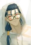  1boy absurdres bespectacled blue_hair closed_mouth contemporary cu_chulainn_(fate) cu_chulainn_alter_(fate) dark_blue_hair dark_persona earrings expressionless facepaint fate/grand_order fate_(series) glasses highres hood hood_up hoodie jewelry long_hair looking_at_viewer male_focus ponytail red_eyes slit_pupils solo white_hoodie zzada 