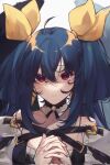  1girl ahoge bangs bare_shoulders blue_hair detached_collar detached_sleeves dizzy_(guilty_gear) fingers_together guilty_gear hair_between_eyes highres interlocked_fingers looking_at_viewer parted_lips red_eyes ribbon sidelocks strap two_side_up wings yellow_ribbon ymenkk 