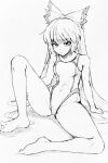  1girl :| arm_support bangs bare_legs barefoot bow breasts closed_mouth commentary_request covered_navel d-m_(dii_emu) expressionless greyscale hair_bow long_hair looking_at_viewer monochrome one-piece_swimsuit sitting small_breasts swimsuit touhou traditional_media very_long_hair 