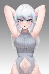  1girl absurdres alternate_breast_size alternate_costume armpits arms_behind_head arms_up bangs blue_eyes blue_hair blunt_bangs blush breasts clothing_cutout commentary english_commentary eyeshadow gawr_gura gradient gradient_background grey_background grey_hair grey_sweater hand_up highres hololive hololive_english large_breasts leedarram long_hair looking_at_viewer makeup multicolored_hair navel parted_lips red_eyeshadow ribbed_sweater sidelocks simple_background sleeveless sleeveless_turtleneck solo stomach_cutout straight-on streaked_hair sweater thighs turtleneck turtleneck_sweater upper_body virtual_youtuber white_hair 