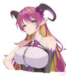  1girl absurdres bangs bare_shoulders blonde_hair blue_eyes blush bow bowtie breasts closed_mouth collared_shirt colored_inner_hair cropped_torso demon_horns fang fang_out hair_bow highres hololive horns large_breasts looking_at_viewer mano_aloe multicolored_hair pointy_ears purple_bow purple_bowtie purple_hair shirt signature simple_background skull_brooch solo two-tone_hair upper_body virtual_youtuber white_background white_shirt yo_na 