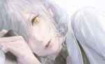  1girl absurdres black_collar collar cropped eyelashes grey_background grey_eyes grey_hair hair_over_one_eye highres looking_at_viewer lying matsuo_shogo medium_hair on_side original parted_lips pink_lips simple_background solo teeth yellow_pupils 