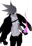  1boy abs black_gloves black_pants blue_eyes eyepatch fire galo_thymos gloves greyscale male_focus mohawk monochrome open_clothes open_mouth open_shirt pants pectorals pink_fire promare signature simple_background smile solo spiky_hair spot_color toned toned_male white_background yon_prmr 