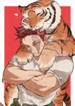  1boy animal_on_shoulder beard blue_eyes boku_no_hero_academia border burn_scar crossed_arms endeavor_(boku_no_hero_academia) facial_hair frown green_jumpsuit heart jumpsuit jumpsuit_around_waist kadeart licking licking_another&#039;s_head male_focus mature_male muscular muscular_male mustache narrowed_eyes outside_border red_background redhead scar scar_across_eye scar_on_cheek scar_on_face scar_on_mouth shirt sideburns solo spiky_hair stubble t-shirt tied_sleeves tiger twitter_username two-tone_background upper_body white_border white_shirt 