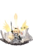  &gt;_&lt; 1girl :d animal_ear_fluff animal_ears arknights armor armored_boots bangs black_bow blemishine_(arknights) blonde_hair boots bow breastplate chibi closed_eyes commentary_request dokomon eyebrows_visible_through_hair hair_bow highres holding holding_sword holding_weapon horse_ears horse_girl horse_tail korean_commentary long_hair ponytail shield simple_background smile solo sword tail very_long_hair weapon white_background xd 