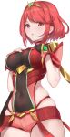  1girl armor bangs black_gloves blaze_(blaze_pso2) bodysuit breasts chest_jewel covered_navel eyebrows_visible_through_hair gloves hands_on_own_chest highres large_breasts looking_at_viewer open_mouth partially_fingerless_gloves pyra_(xenoblade) red_eyes red_shorts redhead short_hair short_shorts shorts shoulder_armor skindentation solo swept_bangs tiara white_background xenoblade_chronicles_(series) xenoblade_chronicles_2 