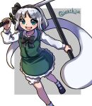  1girl black_bow black_bowtie black_hairband black_ribbon bloomers blue_eyes bob_cut bow bowtie breasts collared_shirt feet_out_of_frame frilled_skirt frills green_skirt green_vest hair_ribbon hairband highres katana konpaku_youmu mary_janes one-hour_drawing_challenge puffy_short_sleeves puffy_sleeves renshirenji ribbon shirt shoes short_hair short_sleeves silver_hair skirt small_breasts sword touhou underwear vest wakizashi weapon white_bloomers white_legwear white_shirt 