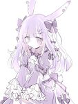  1girl animal_ears arknights ascot bangs black_bow blush bow braid closed_mouth collared_dress commentary_request dress eyebrows_visible_through_hair hair_ornament hairclip highres juliet_sleeves long_hair long_sleeves meng_xue_necky puffy_sleeves purple_dress purple_hair rabbit_ears rope_(arknights) simple_background sleeves_past_wrists solo very_long_hair violet_eyes wavy_hair white_ascot white_background 