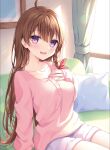  1girl :d ahoge bangs blush braid breasts brown_hair commentary_request couch curtains day eyebrows_visible_through_hair hair_between_eyes hair_ribbon hand_up highres hokenshitsu_no_otona_na_senpai_ore_no_mae_deha_sugu_dereru indoors long_hair looking_at_viewer medium_breasts official_art on_couch pillow pink_shirt red_ribbon ribbon shikitani_asuka shirase_yuzuki shirt short_shorts shorts single_braid sitting smile solo sunlight twitter_username very_long_hair violet_eyes white_shorts window 