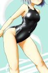  1girl black_swimsuit blush bob_cut breasts closed_mouth commentary_request covered_navel d-m_(dii_emu) head_out_of_frame konpaku_youmu konpaku_youmu_(ghost) leaning_forward one-piece_swimsuit short_hair silver_hair small_breasts swimsuit touhou 