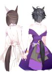  2girls ahoge air_groove_(umamusume) animal_ears backless_dress backless_outfit bare_shoulders black_hair bracer dress from_behind fuji_kiseki_(umamusume) highres holding_hands horse_ears horse_girl horse_tail jewelry multiple_girls necklace off-shoulder_dress off_shoulder purple_dress romi_(346_ura) short_hair shoulder_blades simple_background tail umamusume upper_body white_background 