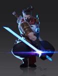  1boy amo_(amo9612) armor bandages black_hair blue_eyes boots buzz_cut chest_armor chest_plate glowing glowing_weapon highres league_of_legends looking_at_viewer male_focus manly mask muscular muscular_male pants ponytail pulsefire_shen scar shen_(league_of_legends) short_hair shoulder_armor shoulder_pads solo squatting sword thick_arms veins veiny_arms very_short_hair weapon 