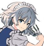  1girl banned_artist blue_dress blue_eyes dress face holding holding_knife izayoi_sakuya knife maid maid_headdress puffy_short_sleeves puffy_sleeves short_sleeves simple_background smile touhou white_background yuuka_nonoko 