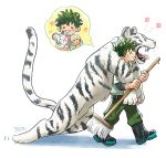  1boy animal black_footwear boku_no_hero_academia boots bottle broom carrying_over_shoulder closed_eyes fangs freckles green_hair green_pants holding holding_animal holding_bottle holding_broom male_focus midoriya_izuku pants pero_(pero56870578) scar scar_on_hand signature simple_background thought_bubble tiger tongue white_background white_tiger yawning 