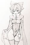  1girl bow breasts cape cloak commentary_request competition_swimsuit covered_navel d-m_(dii_emu) greyscale hair_bow medium_breasts monochrome one-piece_swimsuit ribbon-trimmed_legwear ribbon_trim sekibanki short_hair swimsuit thigh-highs touhou 
