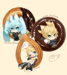  1boy 2girls ahoge animal_ears bare_shoulders black_sailor_collar black_sleeves blonde_hair blue_eyes blue_hair bow butterfly-shaped_pupils cat_boy cat_ears cat_girl cat_tail chibi chocolate chocolate_doughnut churro commentary detached_sleeves doughnut eating food fox_ears fox_girl hair_bow hair_ornament hairclip hatsune_miku heart highres kagamine_len kagamine_rin kemonomimi_mode long_hair mister_donut multiple_girls one_eye_closed pink_background reirou_(chokoonnpu) sailor_collar shirt short_hair short_ponytail simple_background sleeves_past_fingers sleeves_past_wrists symbol-shaped_pupils tail twintails vocaloid white_shirt 