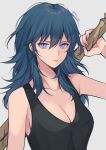  1girl absurdres bangs banned_artist bare_shoulders black_tank_top blue_eyes blue_hair breasts byleth_(fire_emblem) byleth_eisner_(female) collarbone commentary_request fire_emblem fire_emblem:_three_houses grey_background hair_between_eyes highres large_breasts long_hair looking_at_viewer shimizu_akina simple_background solo tank_top upper_body 