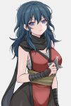  1girl absurdres bandages bangs banned_artist bare_shoulders black_legwear black_scarf blue_eyes blue_hair breasts byleth_(fire_emblem) byleth_eisner_(female) fire_emblem fire_emblem:_three_houses grey_background groin highres holding holding_shuriken holding_weapon japanese_clothes kimono large_breasts long_hair looking_at_viewer ninja pantyhose red_kimono sarashi scarf shimizu_akina shuriken simple_background sleeveless sleeveless_kimono smile solo upper_body weapon 