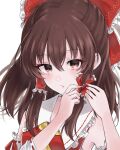  1girl absurdres bangs bow brown_eyes brown_hair closed_mouth detached_sleeves eyebrows_visible_through_hair frilled_bow frilled_hair_tubes frills hair_between_eyes hair_bow hair_tubes hakurei_reimu highres long_hair long_sleeves neckerchief red_bow red_shirt ribbon-trimmed_sleeves ribbon_trim shirt sleeveless sleeveless_shirt solo tadenya_kodomo touhou tying_hair upper_body white_sleeves yellow_neckerchief 
