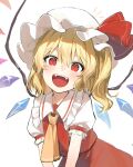  1girl :d ascot bangs blonde_hair blush crystal fangs flandre_scarlet frilled_shirt_collar frills hair_between_eyes happy hat highres jill_07km looking_at_viewer mob_cap open_mouth puffy_short_sleeves puffy_sleeves red_eyes red_ribbon red_skirt red_vest ribbon shirt short_sleeves simple_background skirt smile solo touhou vest white_background white_shirt wings 