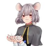  1girl animal animal_ears bangs blush capelet eyebrows_visible_through_hair grey_hair hair_between_eyes highres holding holding_animal jewelry long_sleeves looking_at_viewer mouse mouse_ears nail_polish nazrin oshamu red_eyes red_nails shirt short_hair simple_background smile solo touhou upper_body white_background white_shirt 