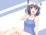  1girl :d alternate_costume animal_ear_fluff animal_ears bangs bare_arms bare_legs bare_shoulders black_hair blue_camisole brown_eyes camisole collarbone commentary common_raccoon_(kemono_friends) extra_ears eyebrows_visible_through_hair fang grey_hair hair_between_eyes hands_in_hair highres kemono_friends looking_at_viewer medium_hair multicolored_hair open_mouth raccoon_ears shiny shiny_hair shiraha_maru simple_background smile solo 