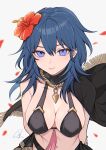  1girl absurdres arms_behind_back bangs banned_artist bare_shoulders bikini black_bikini black_cape blue_eyes blue_hair breasts byleth_(fire_emblem) byleth_eisner_(female) cape commentary english_commentary fire_emblem fire_emblem:_three_houses fire_emblem_heroes flower hair_between_eyes hair_flower hair_ornament hibiscus highres large_breasts long_hair looking_at_viewer navel red_flower shimizu_akina smile solo stomach swimsuit upper_body 