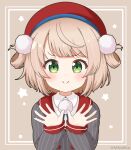  1girl bangs beret brown_background brown_hair closed_mouth collared_shirt commentary_request eyebrows_visible_through_hair green_eyes grey_jacket hair_rings hands_up hat indie_virtual_youtuber jacket long_sleeves looking_at_viewer mitya puffy_long_sleeves puffy_sleeves red_headwear shigure_ui_(vtuber) shirt sleeves_past_wrists smile solo starry_background striped striped_jacket twitter_username upper_body vertical-striped_jacket vertical_stripes virtual_youtuber white_shirt 