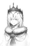  1girl absurdres anhao1224 cape chain closed_mouth crown fur-trimmed_cape fur_trim greyscale hair_between_eyes highres long_hair monochrome original queen ribbon simple_background smile solo tongue tongue_out upper_body white_background 