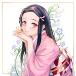  1girl black_hair border checkered_clothes choinyulang floral_background flower from_side hair_ribbon hands_up head_rest highres interlocked_fingers japanese_clothes kamado_nezuko kimetsu_no_yaiba kimono lily_of_the_valley long_hair long_sleeves obi outside_border own_hands_together pink_kimono pink_ribbon ribbon sash smile solo symbol-only_commentary upper_body 