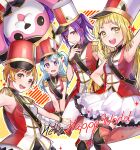  5girls :d animal_costume band_uniform bang_dream! bangs bear_costume blonde_hair blue_hair blush brown_eyes group_name hair_ornament hair_ribbon hat hello_happy_world! kitazawa_hagumi light_blue_hair long_hair looking_at_viewer mascot_costume matsubara_kanon michelle_(bang_dream!) multiple_girls okusawa_misaki one_side_up open_mouth orange_hair ponytail purple_hair ribbon seta_kaoru short_hair smile tiny_(tini3030) tsurumaki_kokoro violet_eyes yellow_eyes 