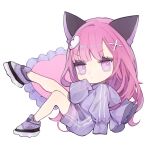  1girl :o animal_ears bangs bright_pupils cat_ears chibi clothing_request commentary eyebrows_visible_through_hair eyelashes fake_animal_ears hair_ornament hand_to_own_mouth highres knee_up knees leg_up long_hair looking_at_viewer original pink_eyes pink_hair purple_footwear reclining shoes simple_background sneakers solo tokiwata_soul v-shaped_eyebrows white_background white_pupils x_hair_ornament 